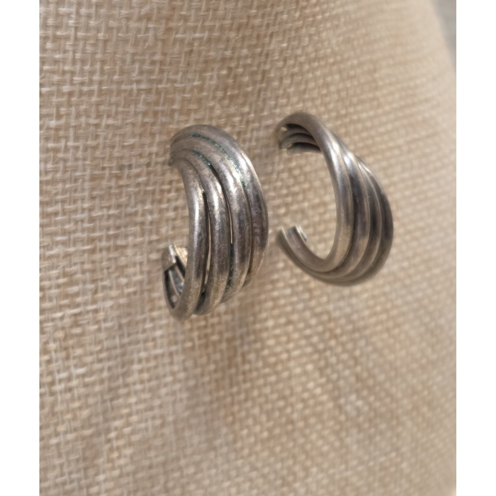 Vintage Sterling Silver Layered Ribbed Hoop Earrings 925 - Picture 5 of 7